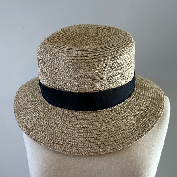 BCBG MAX AZRIA STRAW SUN HAT WITH BLACK BOW - Picture 3 of 6